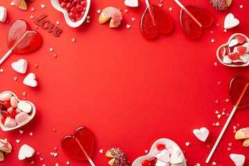 Valentine's Day atmosphere concept. Top view photo of heart shaped plates with confectionery candies cookies and lollipops on isolated red background with copyspace in the middle