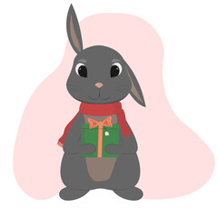 Cute christmas character tiny rabbit on simple pink background