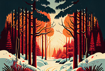 Flat illustration of a winter forest landscape in sunset. 