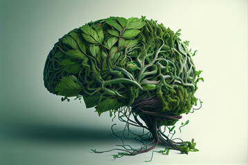 Illustration of human brain formed from the plexus of various green plants.  - obrazy, fototapety, plakaty