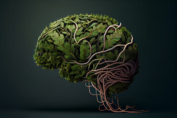 Illustration of human brain formed from the plexus of various green plants. 