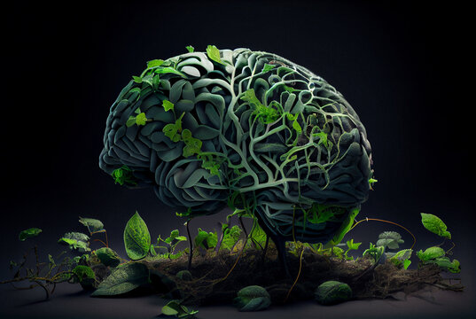 Illustration of human brain formed from the plexus of various green plants. 