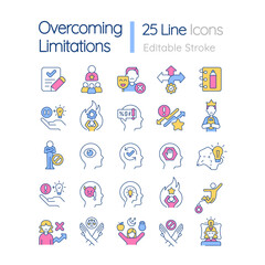 Overcoming limitations RGB color big icons set. Personal growth. Inner strength. Isolated vector illustrations. Simple filled line drawings collection. Editable stroke. Quicksand-Light font used