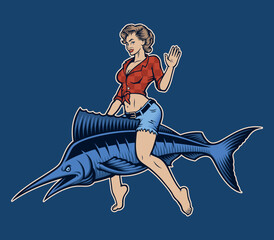 Pin up girl vector illustration for a fishing theme