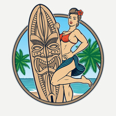 Pin up Girl Surfer vector illustration, this design can be used as a t-shirt print