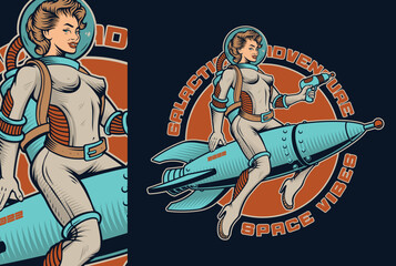 Pin up girl  astronaut on space rocket, vintage vector illustration for a space theme