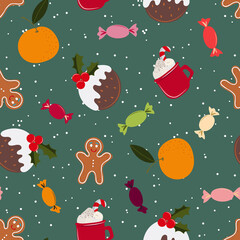 Seamless Christmas treats pattern, Winter festive repeat design, Holiday  traditional treats print, Flat style Christmas pattern, Christmas pudding, Hot chocolate, Gingerbread Man, Candies, Satsuma