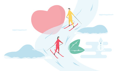 Romantic adults couple play ski. Character design of people. Illustration in flat style.