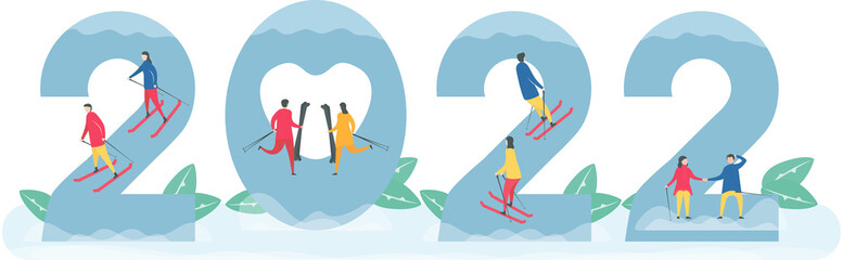 Fototapeta na wymiar Lovers are playing ski in concept of winter 2022. Character design of people. Illustration in flat style.