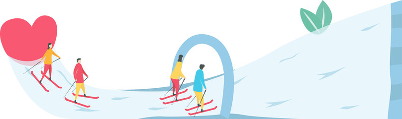 Romantic adults couple play ski in winter season. Character design of people. Illustration in flat style.