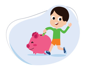 cartoon character of boy saving money in pig piggy bank. learn to invest. simple investment concept for children saving in the bank