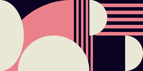 Obraz premium Modern vector abstract geometric background with circles, rectangles and squares in retro Scandinavian style. Pastel colored simple shapes graphic pattern.