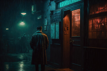 AI generated image of a film noir concept showing the detective standing in a neon-lit alleyway on a rainy night	
