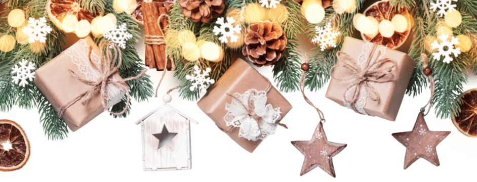 Zero waste Christmas or New Year Sustainable packaging gifts and natural christmas baubles border