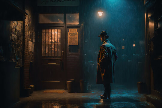 AI generated image of a film noir concept showing the detective standing in a neon-lit alleyway on a rainy night	
