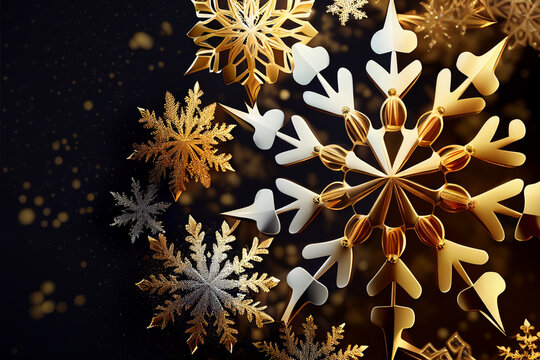 Snowflex shape yellow light on the black background. Chrismas theme decoration on the roof. Glitter light, night life holiday. Party time with friend.