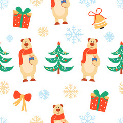Christmas pattern with a cute bear holding a gift. Bright festive background. illustration.