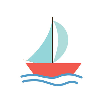 Sailboat. Cute boat with sails on a white isolated background. water waves. Vector illustration