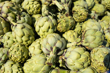 Artichoke in boxes at the bazaar close-up.