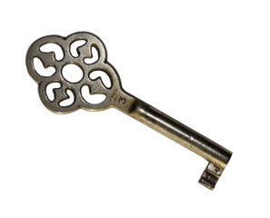 
An old fashioned key of a cupboard door isolated on a transparent background.