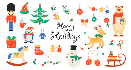 Naklejka premium Set of New Year and Christmas elements and cute animals. illustration.