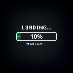 Vector illustration of green loading bar isolated on black background, 10% loaded.