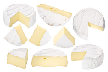 Camembert or brie soft-ripened cheese with white mold, pieces, wheels, halves isolated png