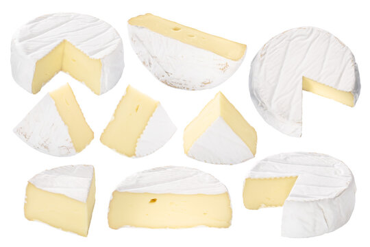 Camembert or brie soft-ripened cheese with white mold, pieces, wheels, halves isolated png