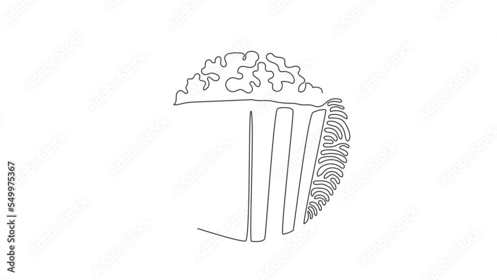 Poster animated self drawing of single continuous line draw box container with delicious popcorn. takeaway 