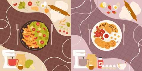Pasta salad, Italian food and kitchen equipment. Delicious traditional cooked penne with delicious breakfast plate croissants and waffles with jam tasty background vector illustration.