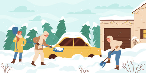 Snow removal in winter snowstorm and cold weather vector illustration. Cartoon people with shovels cleaning car covered with snow in snowy yard near garage, stuck automobile buried with snowdrift