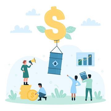 Oil price growth vector illustration. Cartoon tiny people standing on pile of money coins, gold dollar balloon rising barrel high, global increase and management of crude oil cost in stock market
