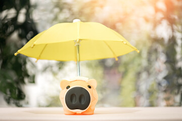 The yellow umbrella for protect to sick piggy bank on sunlight in the public park, to prevent for...