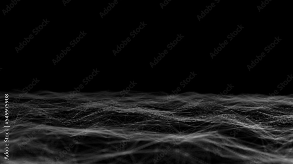 Poster Wave of digital particles on a black background. Abstract interlacing lines and points. Digital connection of elements. Simulation of the movement of small particles. 3D rendering.