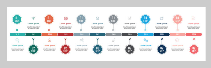 Timeline infographic rounded template with 12 options. Colorful diagram vector abstract element timeline infographics.