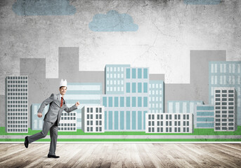 King businessman in elegant suit running and cityscape silhouette at background