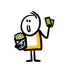 Boyfriend with a bucket of popcorn holds two tickets to the cinema. - 549977378