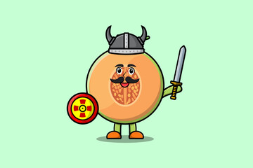 Cute cartoon character Melon viking pirate with hat and holding sword and shield illustration