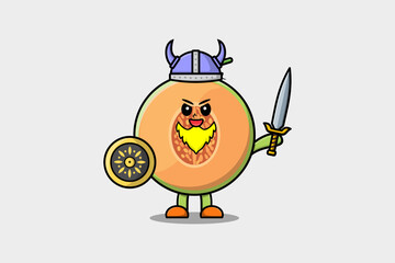 Cute cartoon character Melon viking pirate with hat and holding sword and shield illustration