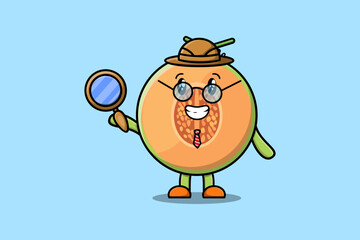 Cute cartoon character Melon detective is searching with magnifying glass   