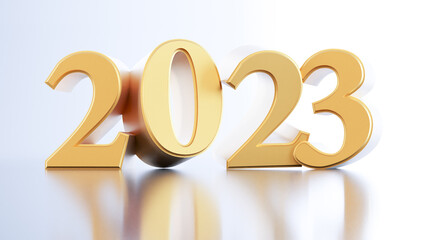 3D render of gold 2023 isolated on white background, happy new year concept