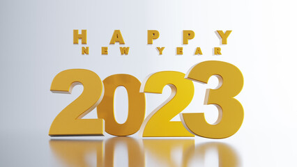 3D render of gold 2023 isolated on white background, happy new year concept