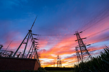Substation in the evening, High voltage substation and beautiful sunset glow
