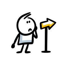 A confused traveler stands in front of a pointer and chooses the direction of the path.