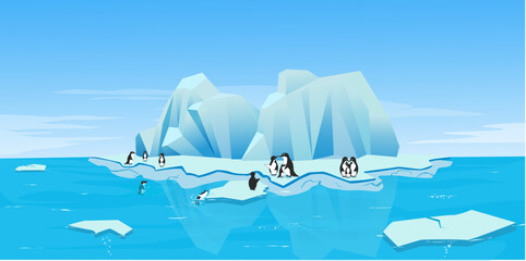 Nature winter arctic ice landscape with iceberg, snowy mountains, hills and penguins. Winter vector illustration. winter background