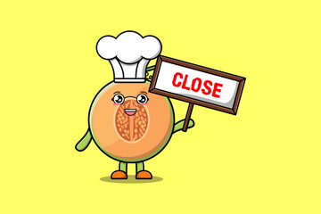Cute cartoon Melon chef character holding close sign board designs in flat cartoon style
