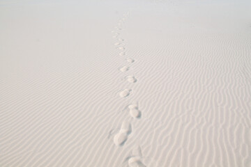 Footprints in the white sand. Huellas en la arena blanca