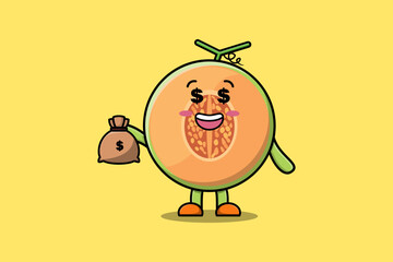 Cute cartoon Crazy rich Melon with money bag shaped funny in modern design illustration