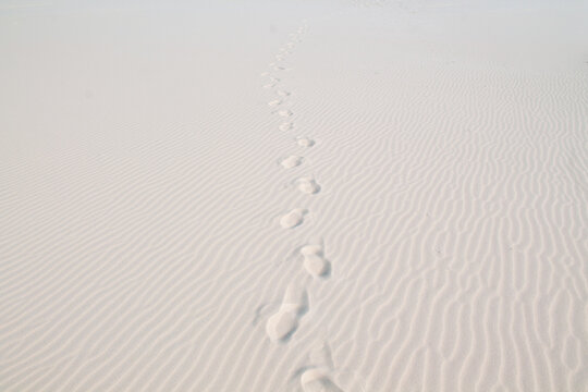 Footprints in the white sand. Huellas en la arena blanca