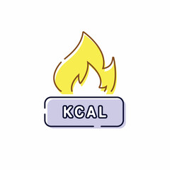 Energy fat burn kcal fire icon. Kilocalorie hot logo weight fitness flame graphic icon